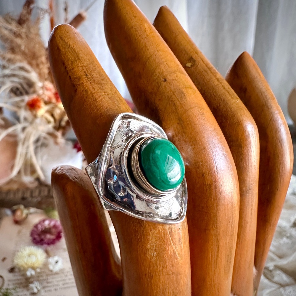 Hammered Sterling Silver & Bronze Bezel Malachite Statement Ring